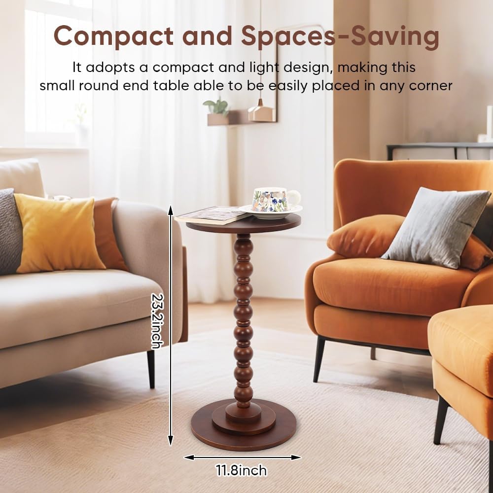 Round Side Table, Wood Drink Table for Small Spaces, Round End Table for Living Room, Bedroom, Sofa Couch, Corners (Classic, Brown)