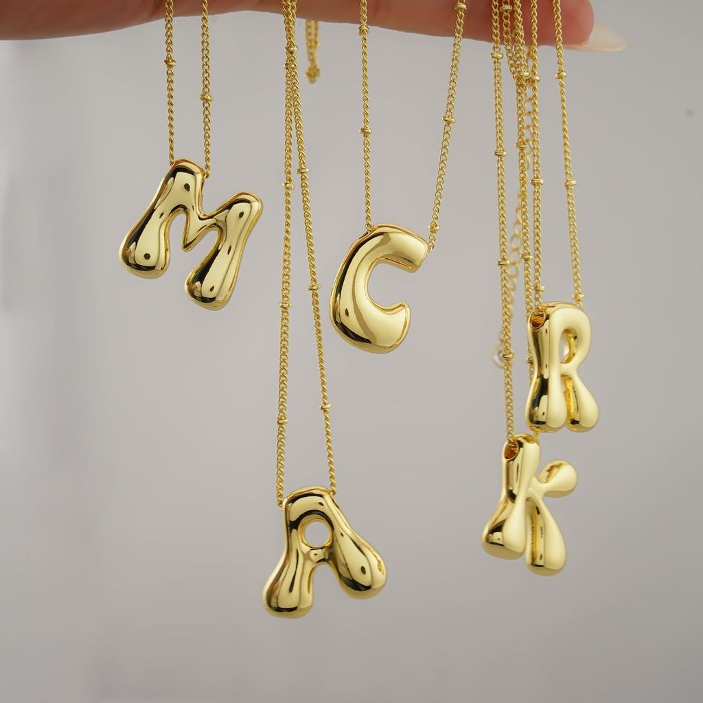 Bheop Gold Bubble Letter Necklace for Women Dainty 14K Gold Plated Balloon Initial Necklaces for Women Trendy Cute Chunky Charm Name Pendant M Necklace Fashion Jewelry Gifts