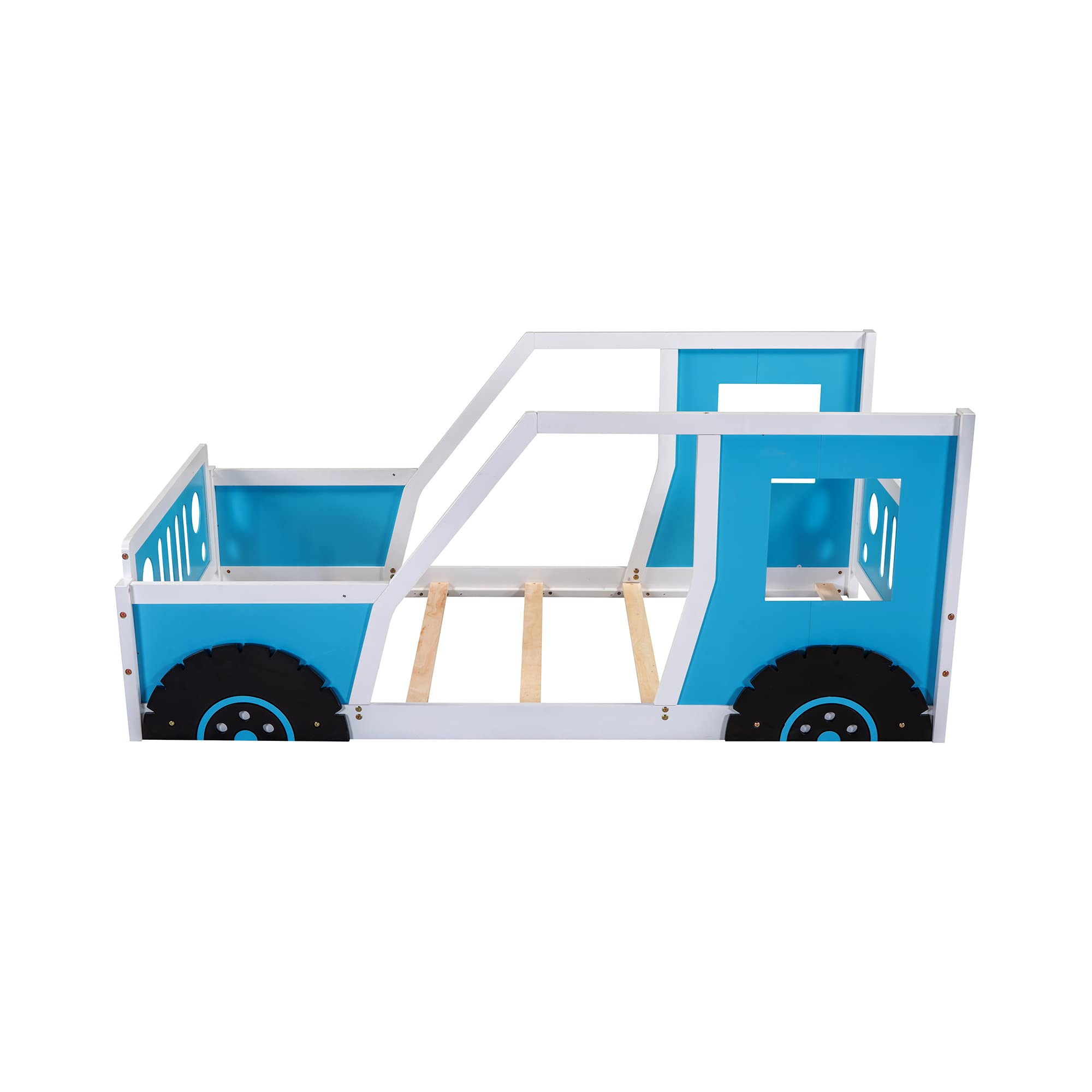 Gulvseng i tvillingestørrelse formet som en bil med hjul, Montessori sengestel med hegn og dør, solid træ tvillingseng til børn drenge piger, lameller inkluderet, ingen boxmadras nødvendig (størrelse, blå)