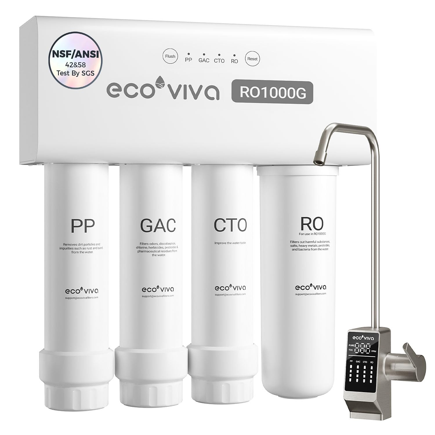 Ecoviva 1000GPD UnderSink Reverse Osmosis Water Filter RO Tankless Filtration System, Alkaline Water pH+, 8-Stage Filtration, Meet NSF/ANSI 58 Standard, 3:1 Pure-to-Drain Filter, With LED Smart Faucet