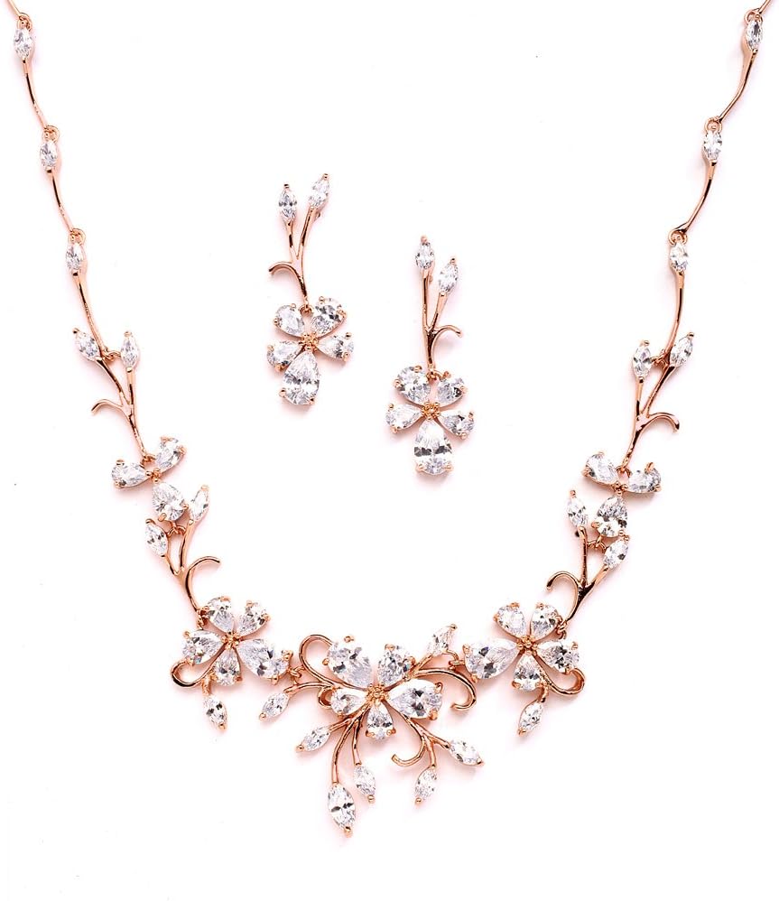 Mariell Elegant Cubic Zirconia Crystal Floral Vine Rose Gold Necklace and Earrings Set, Blush Gold CZ Jewelry Set for Weddings, Brides & Formals