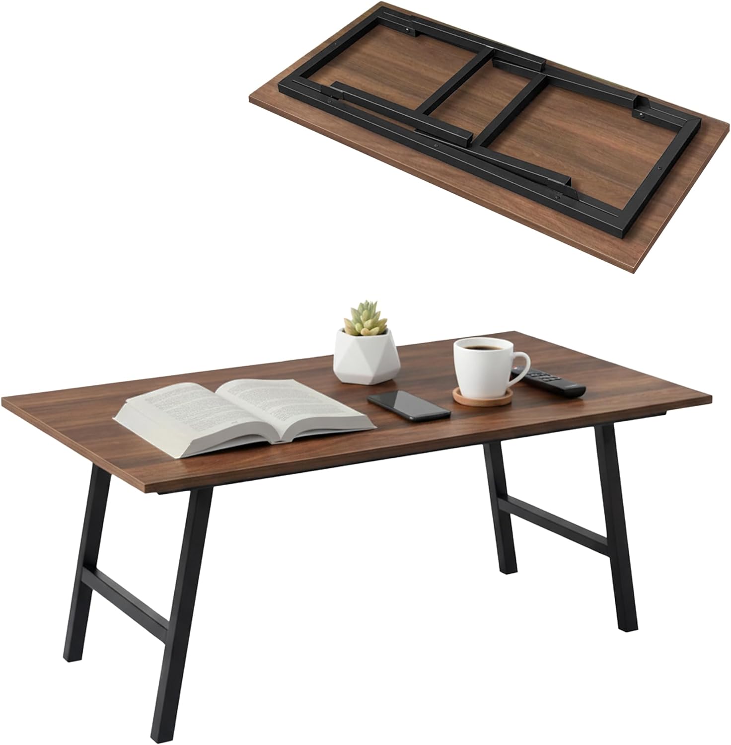 Folding Coffee Table, Portable Floor Table for Sitting on The Floor, Midcentury Modern Coffee Table, Foldable Floor Table for Living Room, 32''L x 16''W x 16.3''H, Walnut
