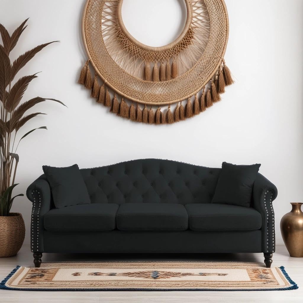 79" Chesterfield Velvet 3-Seater Sofa for Living Room,Tufted Couch with Rolled Arms Nailhead and Two Pillows for Living Room, Bedroom