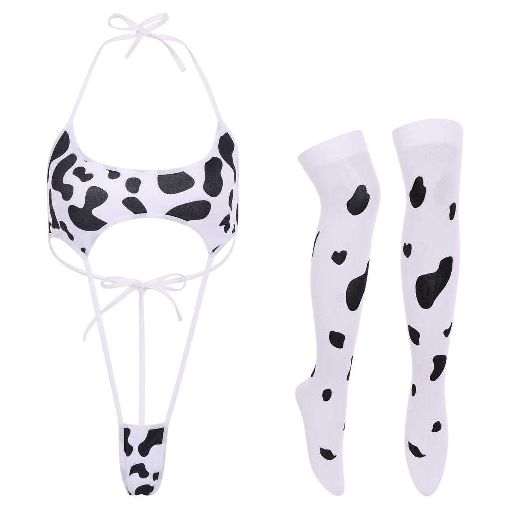 FYMNSI Women Sexy Milk Cow Lingerie Set Anime Maid Cosplay Costume Mini Bikini Bra Bodysuit with Bell Choker Stockings Outfit