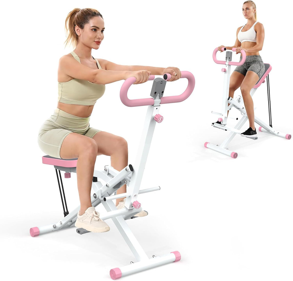 Squat Machine for Home, Squat Ride / Rowing Machine with Adjustable Resistance, Foldable Exercise Equipment, Glute & Leg Cardio Workout Machine (Pink)