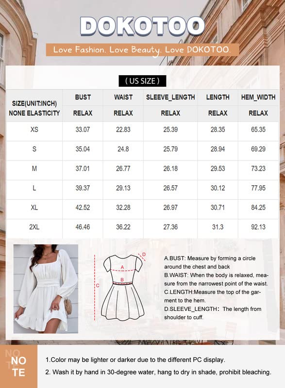 Dokotoo Womens Summer Dress Square Neck Tie Back Fall Clothes Lantern Long Sleeve White Dress Ruffle A-Line Plus Size Dress Shirred Elastic Waist Casual Mini Dress XX-Large