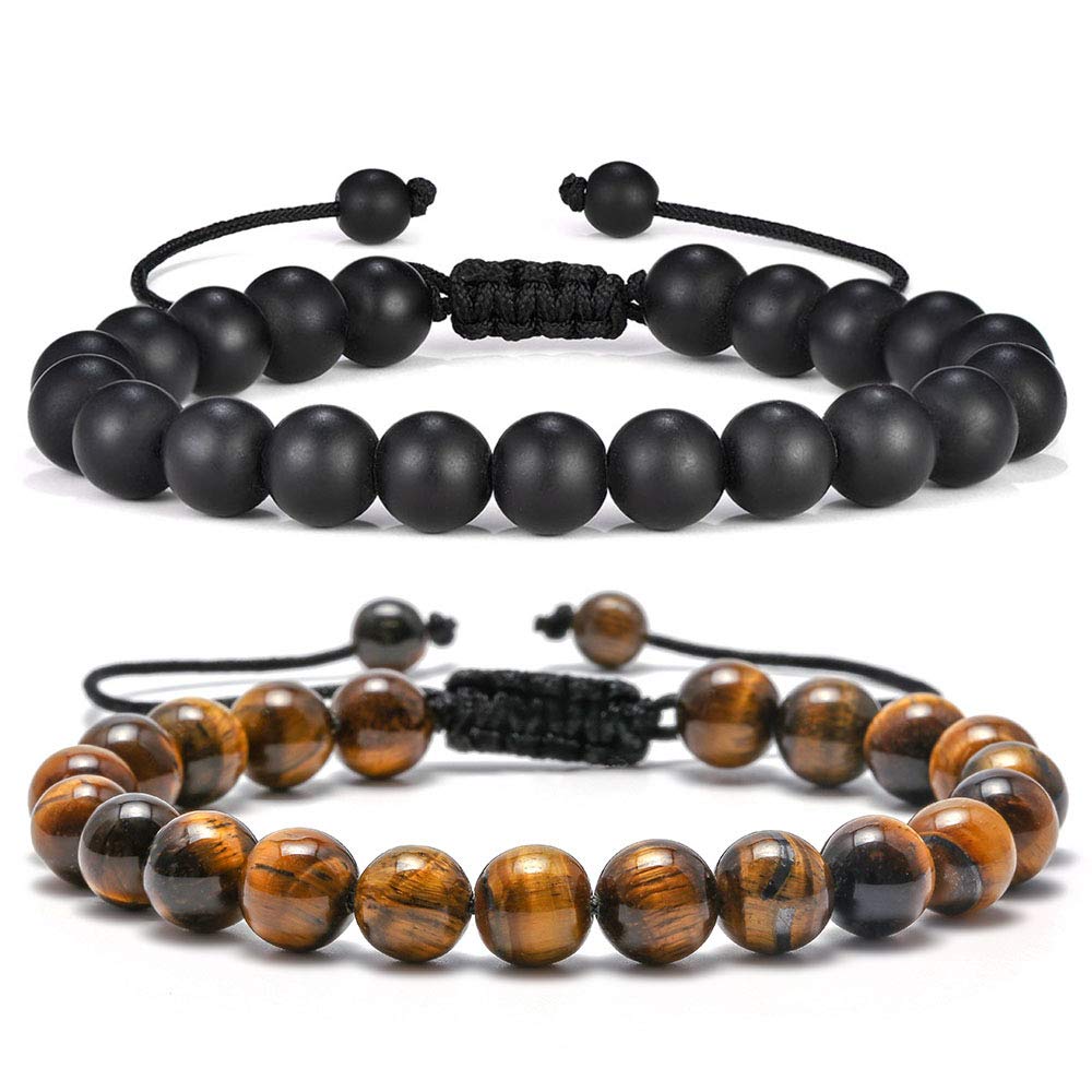 M MOOHAM Natural Stone Bracelets for Men - 8mm Tiger Eye, Matte Agate, Lava Rock - Teen Boys Gifts for Birthday, Anniversary, Christmas