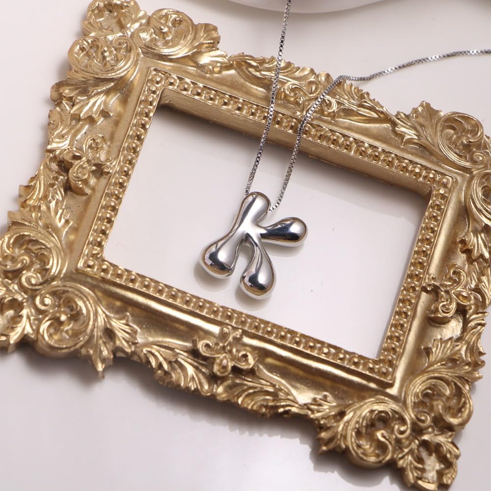 Blasenbuchstaben-Halskette Gold für Frauen, Ballon-Initial-Alphabet-Anhänger poliert 18k goldbeschichtet, aufgeblasenes Namens-Statement-Geschenk Schmuck (aufgeblasenes Silber K)