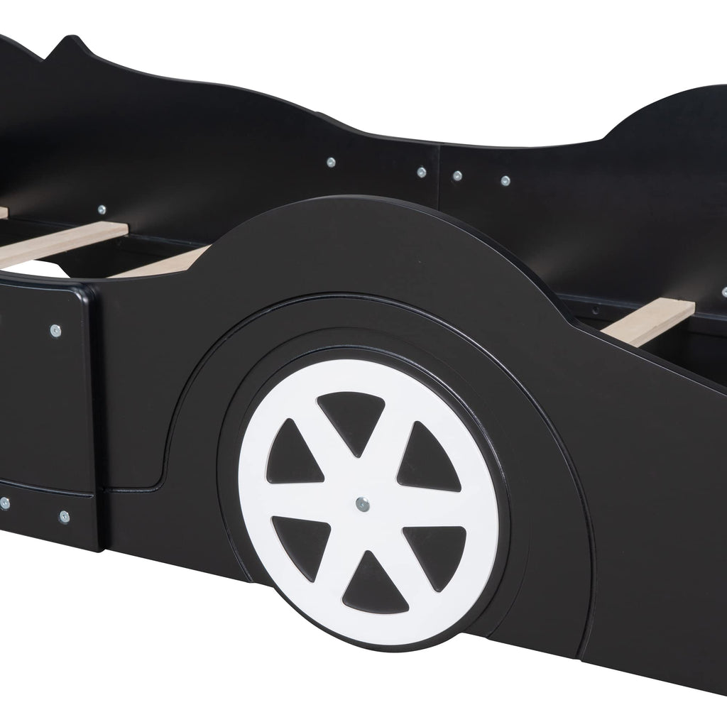 Harper & Bright Designs Twin-Size Plattformbett in Rennwagenform mit Rollen, Holzrahmen mit Stützlatten, Twin-Bodenbett für Kinder Jungen Mädchen Jugendliche, Schwarz