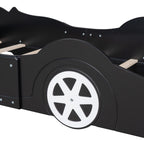 Harper & Bright Designs Twin-Size Plattformbett in Rennwagenform mit Rollen, Holzrahmen mit Stützlatten, Twin-Bodenbett für Kinder Jungen Mädchen Jugendliche, Schwarz