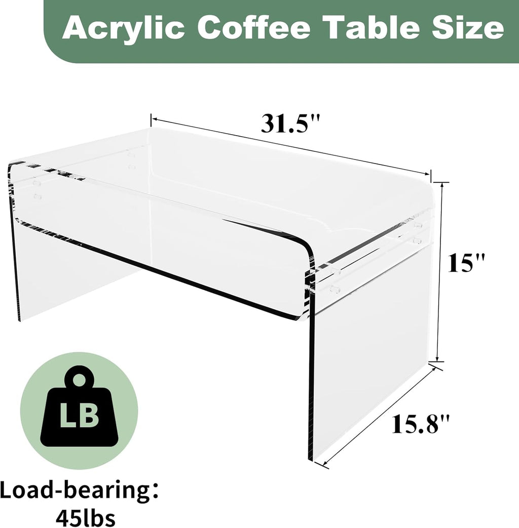 Acrylic Coffee Table, 31.5" Clear Coffee Table with Storage Shelf, Rectangle Centre Table, Modern Coffee Table for Living Room, Office，31.5" L x 15.8" W x 15" H