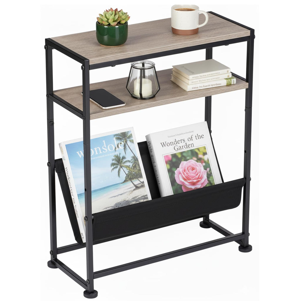 Narrow End Table for Small Spaces - Slim Side Table with Magazine Holder,2 in 1 Design Narrow Coffee Table Living Room,Skinny Bedroom Nightstand Thin Side Magazine Table,Rustic Brown