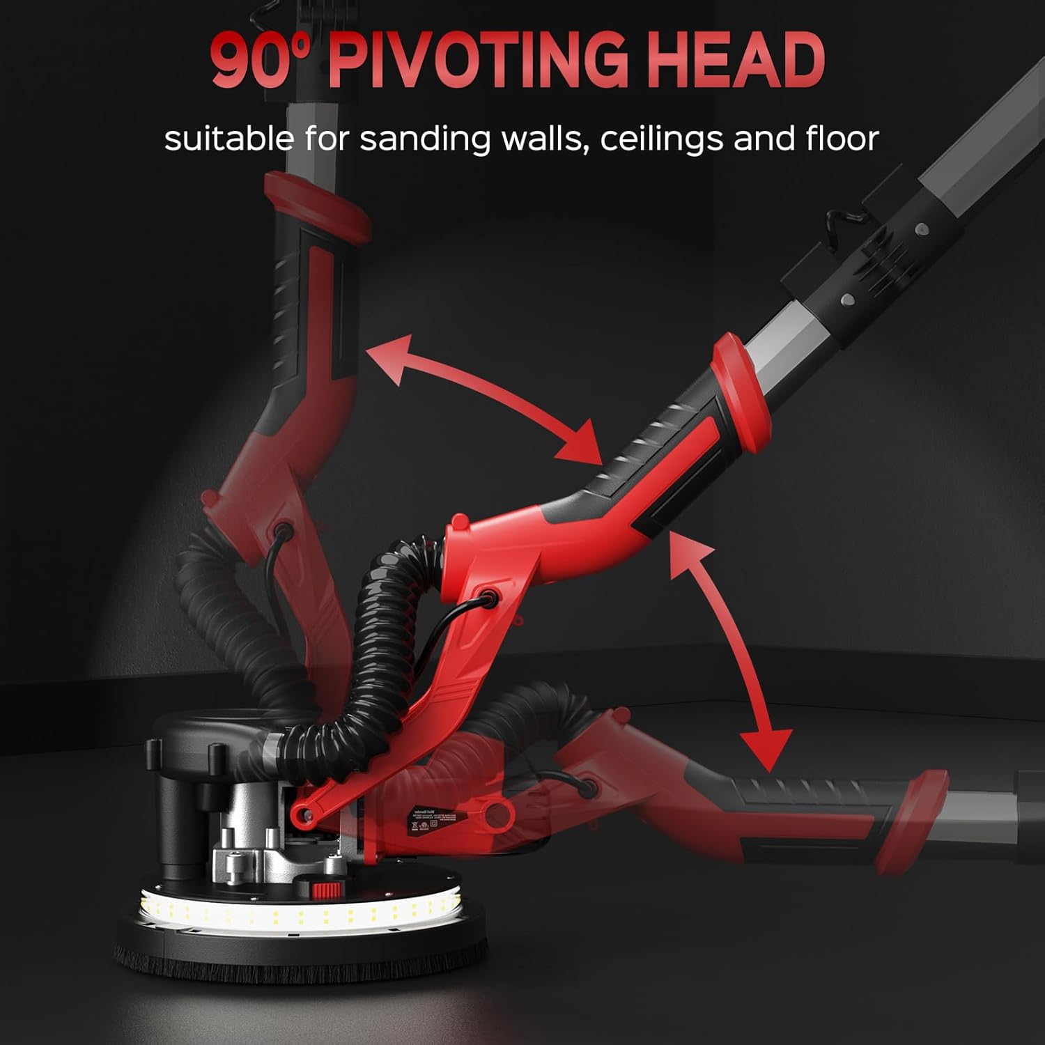 Drywall Sander, 2025 Upgraded 8-Amp Popcorn Ceiling Removal Tool with 7 Variable Speed 800-1800RPM, Drywall Sander with Vacuum Dust Collector with Extendable Handle, LED Light, 12pcs Sanding Discs,Red