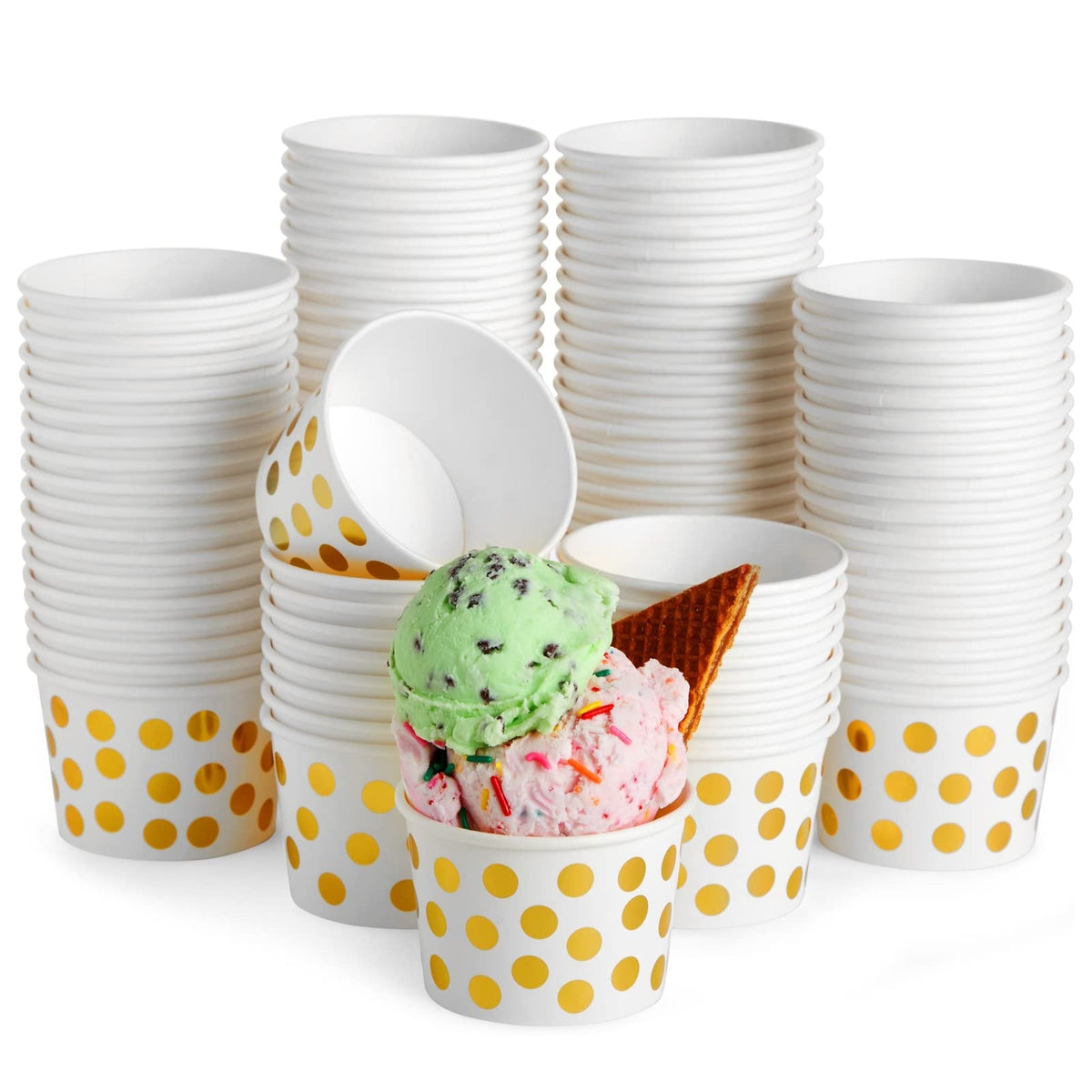 Juvale 100 Stück Papier-Eisbecher, 8 oz Einweg-Dessertschalen für Frozen Yogurt, Sundae-Bar, Party-Snacks und Leckereien, Goldfolie mit Polka-Dot-Design