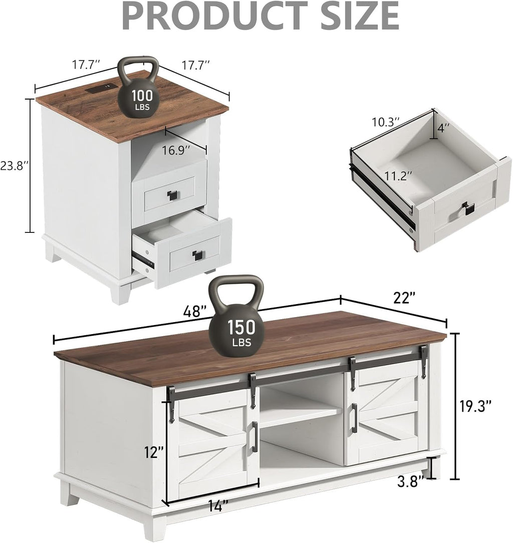 Farmhouse Table Set of 3, Coffee Table with Sliding Barn Doors, End Tables Set of 2 with Charging Station for Living Room & Bedroom, Sliding Barn Doors, 2 Tiers Storage Drawer, Antique White