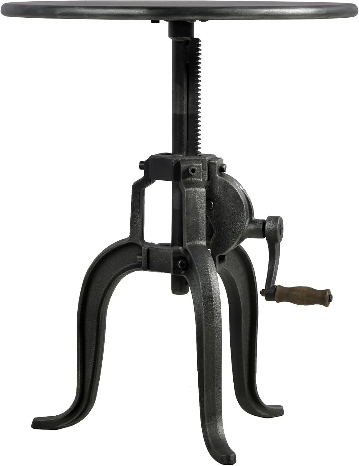 Vintage Industrial Crank Table with Mechanical Inspired Hand - Accent Side Coffee End Table for Home, Café, Bistro, Pub, Bar or Dining, Round Swivel Metal Top, 19.7"-25.6" Easily Adjustable, Black