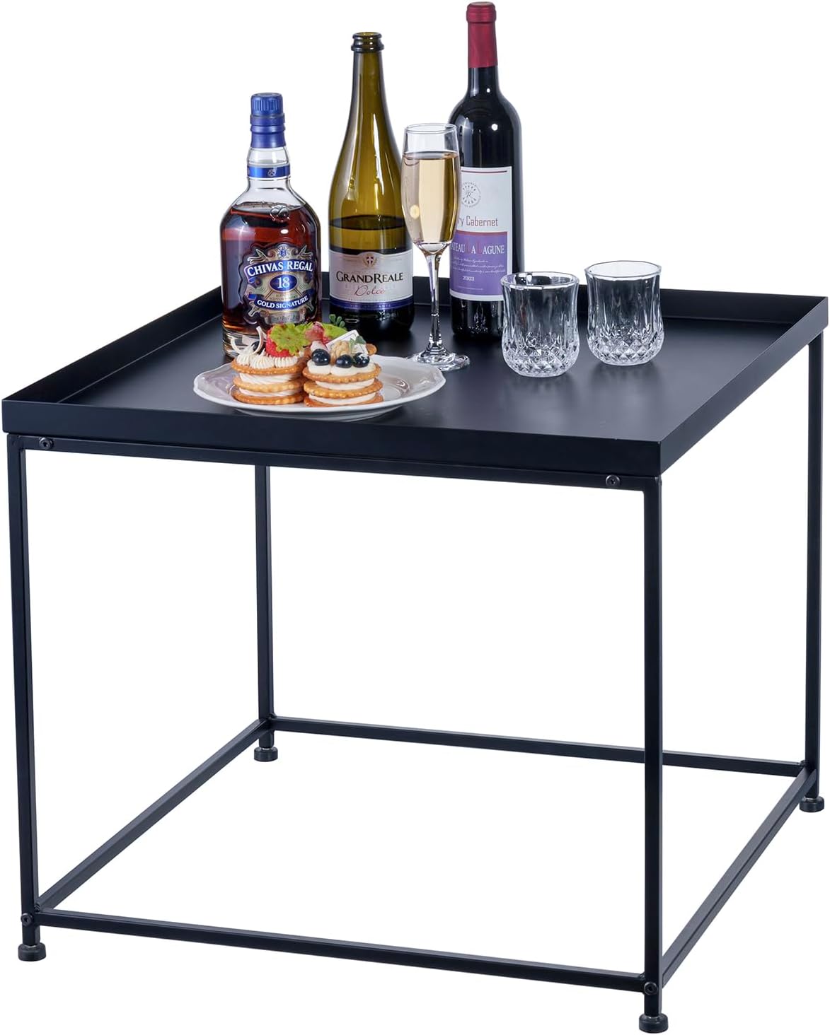 MyGift 24-inch Modern Tray Top End Table - Matte Black Metal Square Side Table or Nightstand