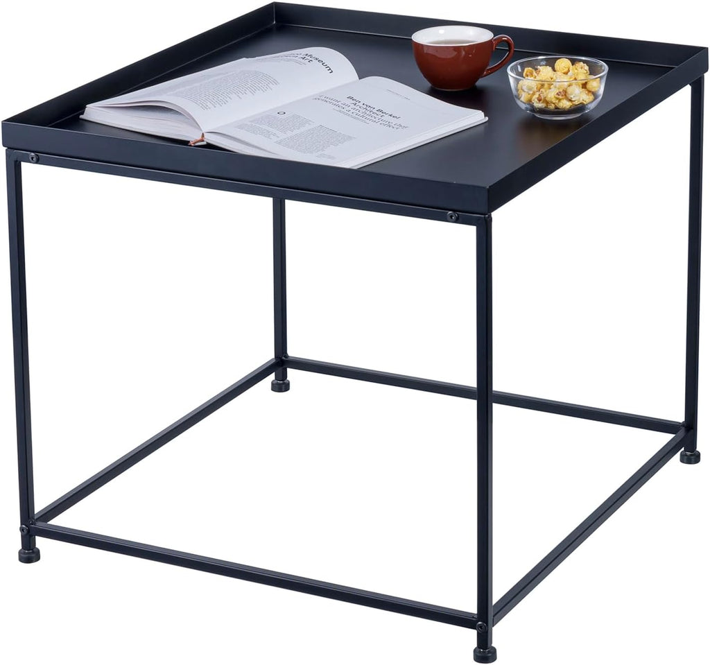 MyGift 24-inch Modern Tray Top End Table - Matte Black Metal Square Side Table or Nightstand
