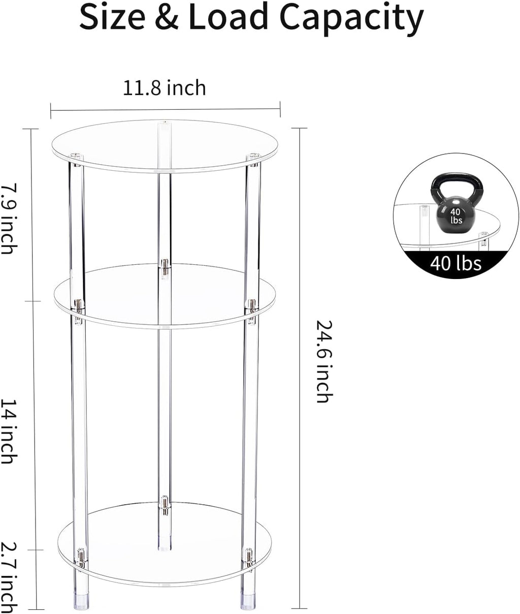 Clear Round Acrylic Side Table for Small Spaces, 11.81" L x 11.81" W x 24.6" H, 3 Tier Small Modern Drink End Table Nightstand, Minimalist Bedside Table for Living Room, Bedroom, Bathroom