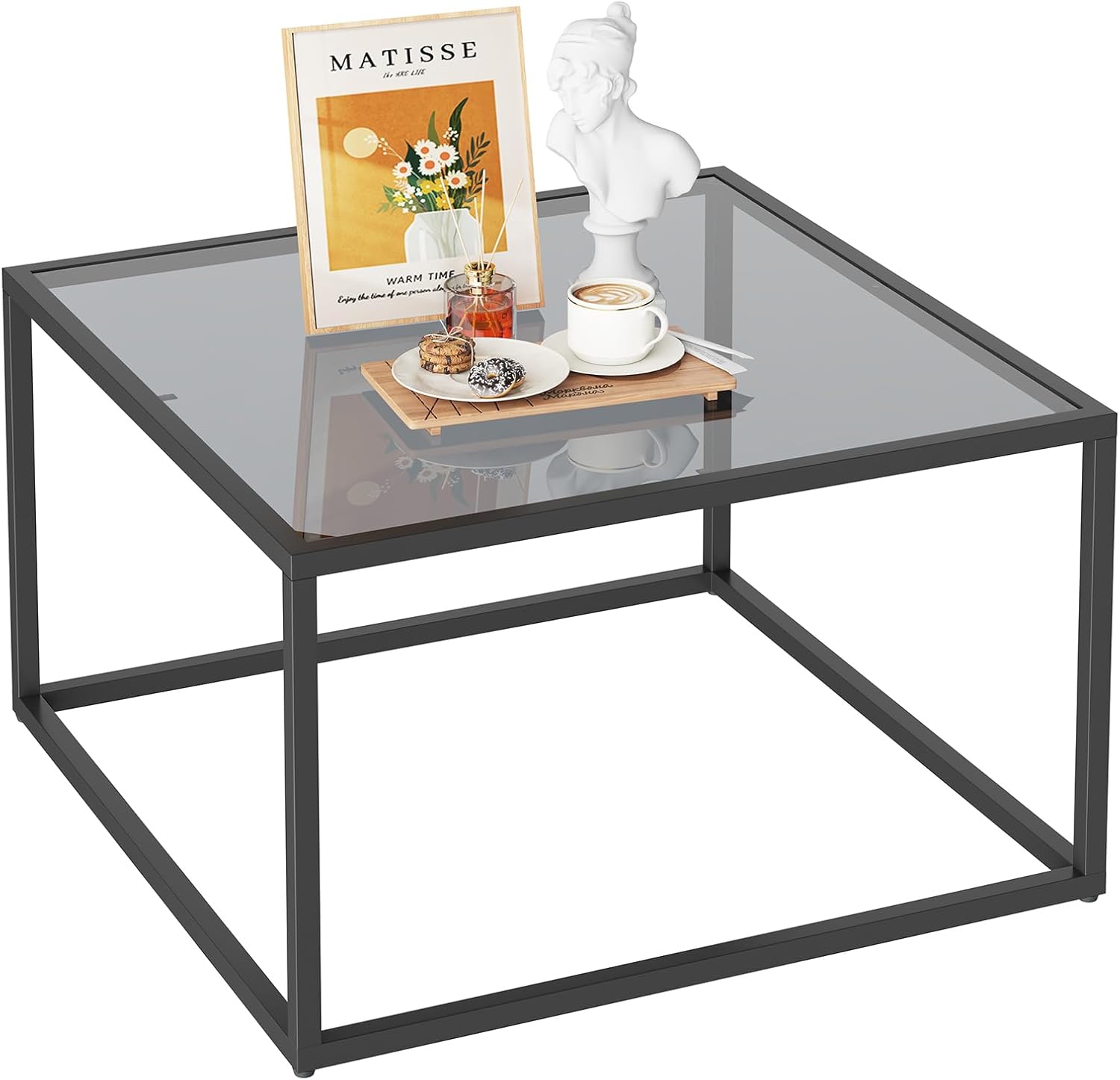 YMYNY Glass Coffee Table, Tempered Glass Square Coffee Tables with Metal Frame, Unique Modern Table for Living Room Home Office 26.77" x 26.77" x 15.75", Black Grey, UHCT001H