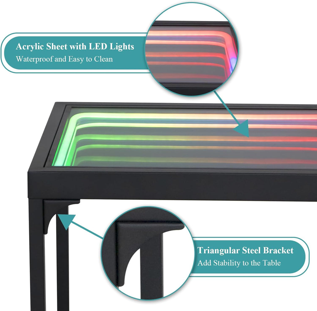 Infinity Mirror Light Table, Coffee Tables for Living Room, with 3D Infinity Illusion Mirror, RGB Side Table, with Tunnel Light, with Futuristic Decor, for Bedroom, Party