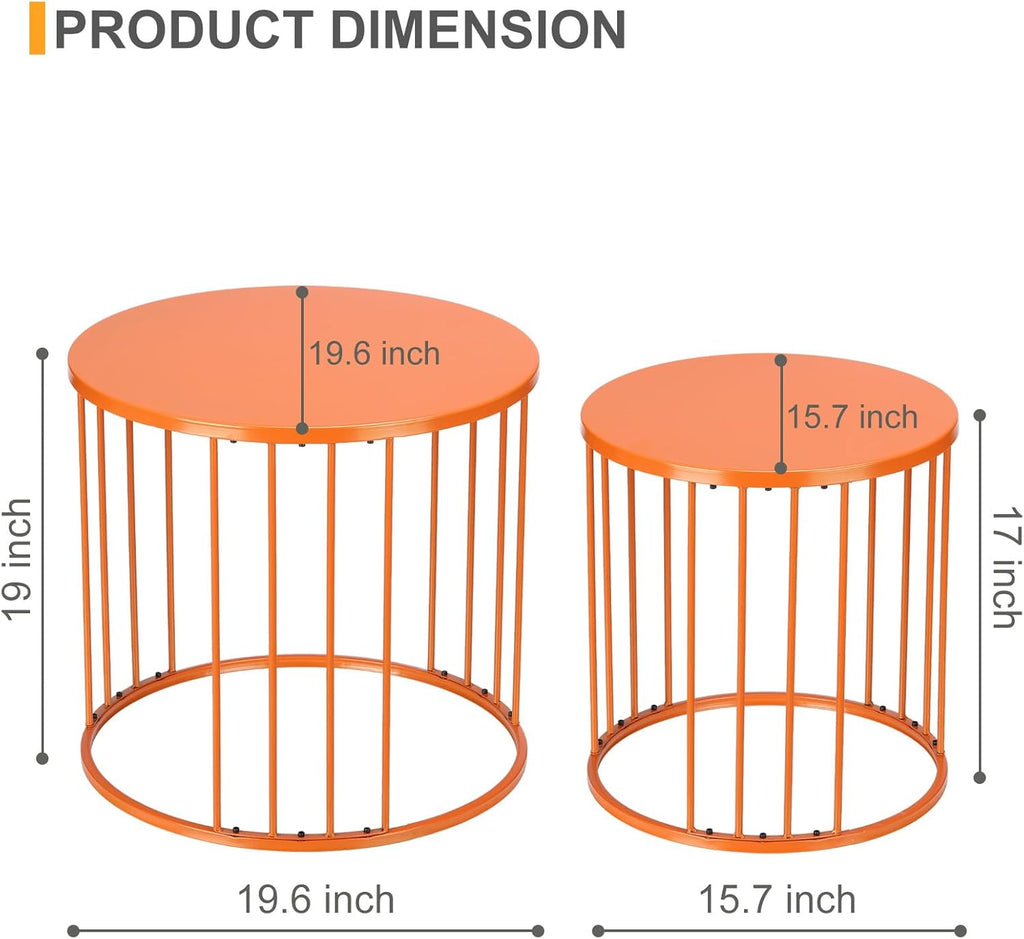 LEWIS&WAYNE Outdoor Side Table Set of 2, Metal Circle Accent End Tables for Balcony Backyard Garden Indoor Living Room, Durable Nesting Coffee Tables, 20”+16” Dia, Orange
