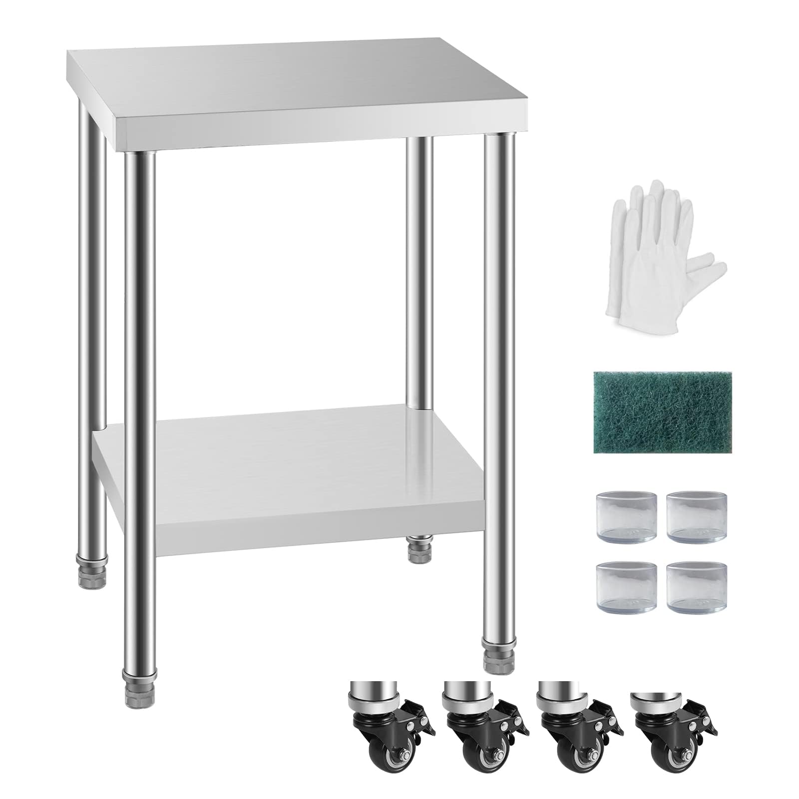NSF 24x24 Inches Stainless Steel Table for Prep & Work with Caster, Metal Commercial Kitchen Table with Under Shelf and AdjustableTable Foot for Restaurant, Hotel, Home Kitchen, Coffee Station