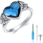Urn Ring for Ashes 925 Sterling Silver Hold You in My Heart Angel Wings with Blue Crystal Heart Cremation Memorial Keepsake Jewelry Size 6-10