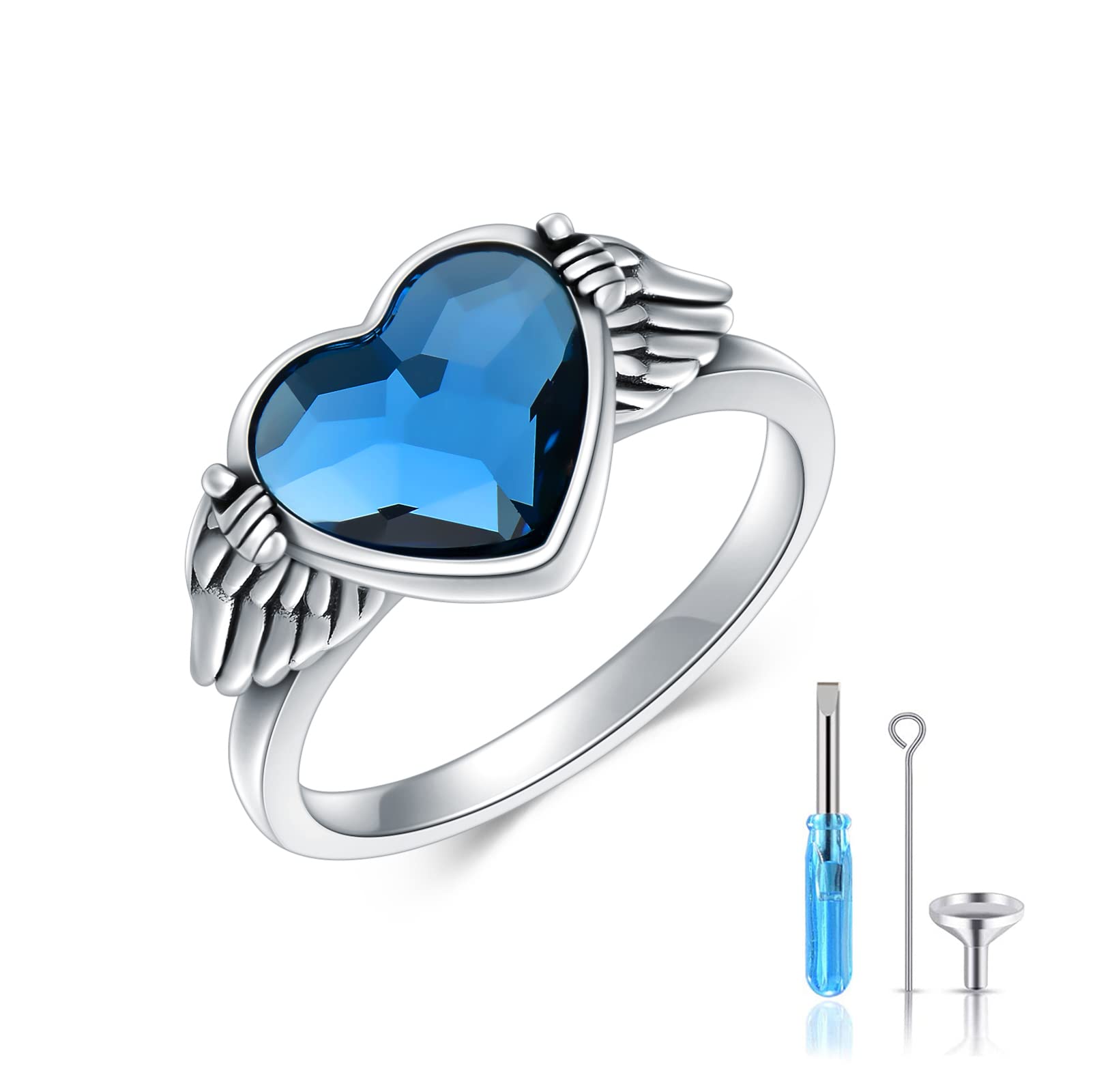 Urn Ring for Ashes 925 Sterling Silver Hold You in My Heart Angel Wings with Blue Crystal Heart Cremation Memorial Keepsake Jewelry Size 6-10