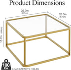 Coffee Table Glass, Minimalist Square Tables for Living Room, Modern Center Table for Office or Small Space, Tempered Glass, Sturdy Metal Frame, Easy Assembly, 26.4 x 26.4 x 15.7 Inches, Gold