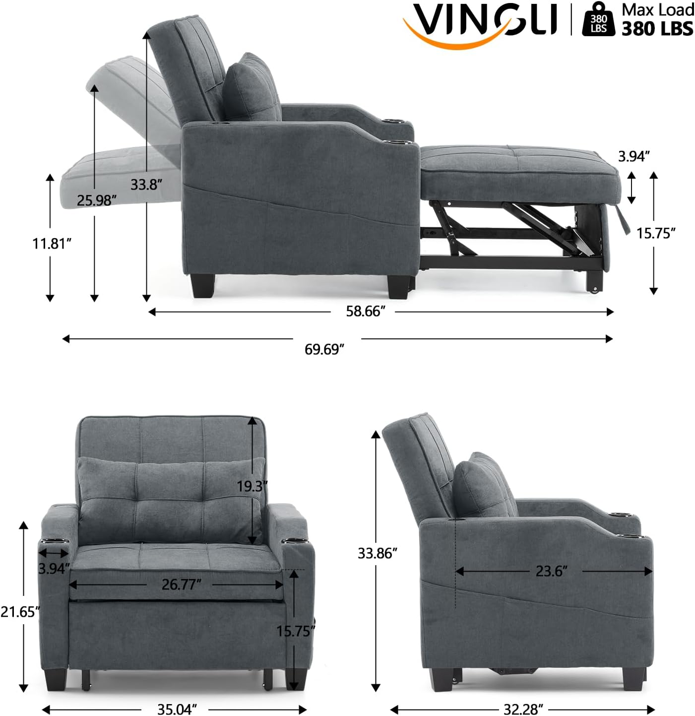 VINGLI Sleeper Chair 3-in-1 Convertible Sofa Bed Adjustable Recliner Sofa Modern Pull Out Couch Bed with 2 USB Ports 2 Cup Holders 2 Side Pockets for Living Room Bedroom Small Spaces, Dark Grey