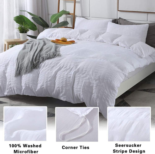 AveLom White Duvet Cover Queen (90 x 90 Inches)， 3 Pieces (1 Duvet Cover + 2 Pillow Cases) Stripe Zipper Closure Corner Ties Soft Washed Microfiber Duvet Cover for Men, Women