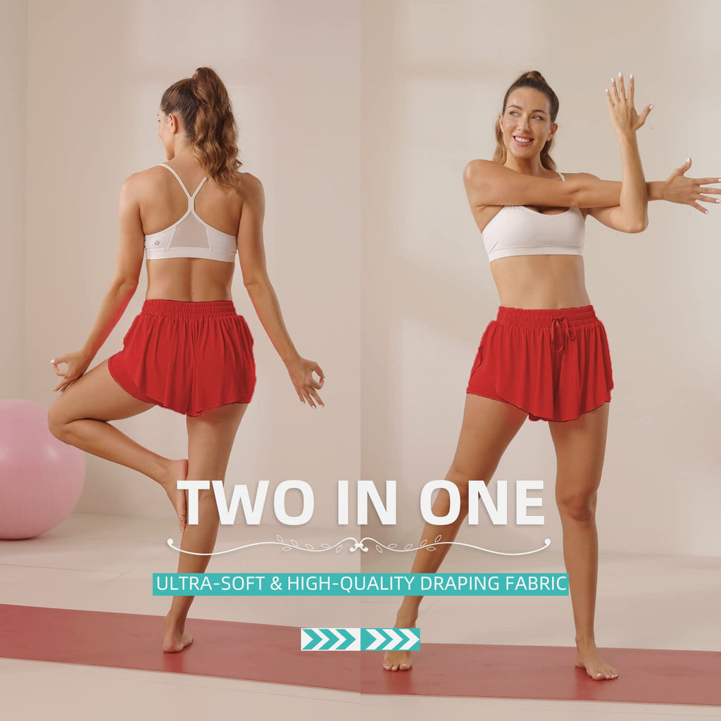 Fließende Sportshorts für Frauen Laufen Tennis Schmetterlingsshorts Mädchen 2-in-1 Doppelter Lagen Schnell trocknende Bequeme Shorts (Rot, XX-Klein)