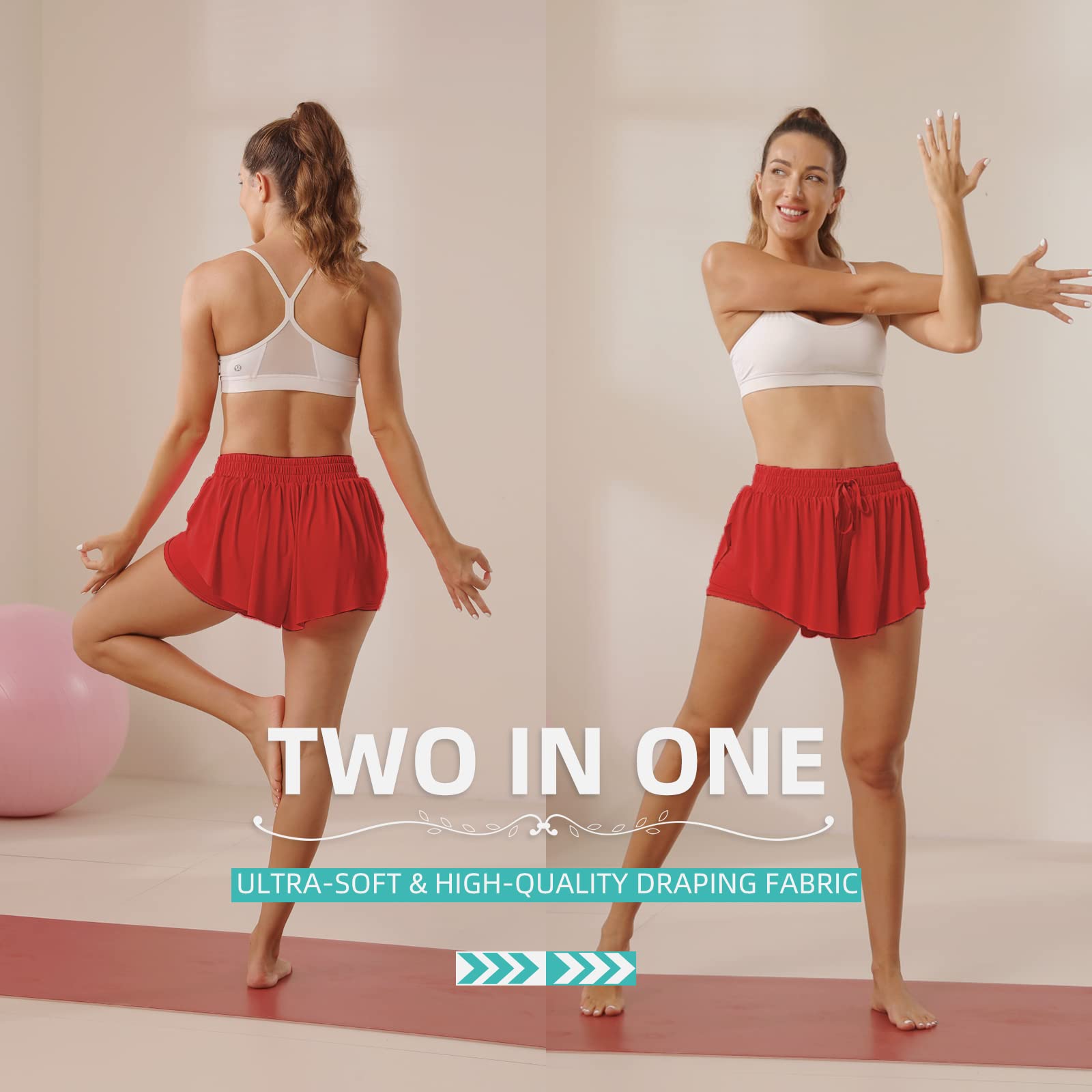 Flowy Athletic Shorts for Women Running Tennis Butterfly Shorts Girls 2-in-1 Double Layer Quick-Drying Comfy Shorts (Red, XX-Small)