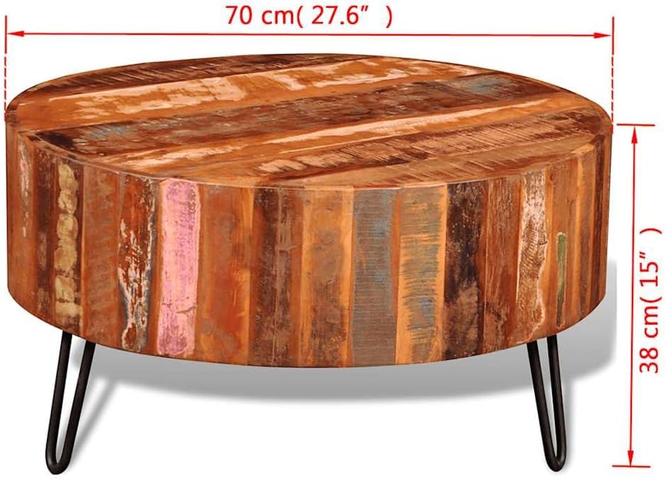 vidaXL Coffee Table, Round Center Table, Solid Reclaimed Wood, Iron Legs, Fully Handmade, Multicolor, Living Room, 27.6" Diameter x 15.0"