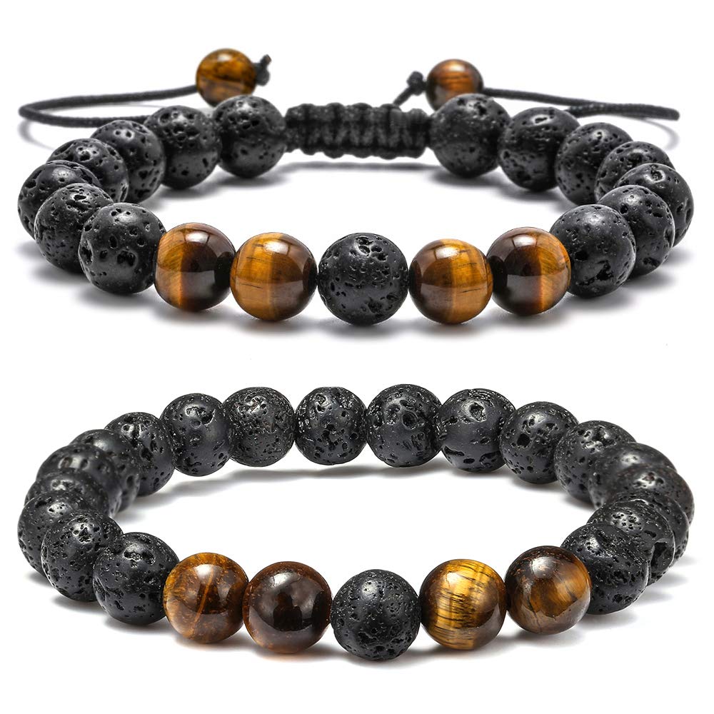 M MOOHAM Natural Stone Bracelets for Men - 8mm Tiger Eye, Matte Agate, Lava Rock - Teen Boys Gifts for Birthday, Anniversary, Christmas