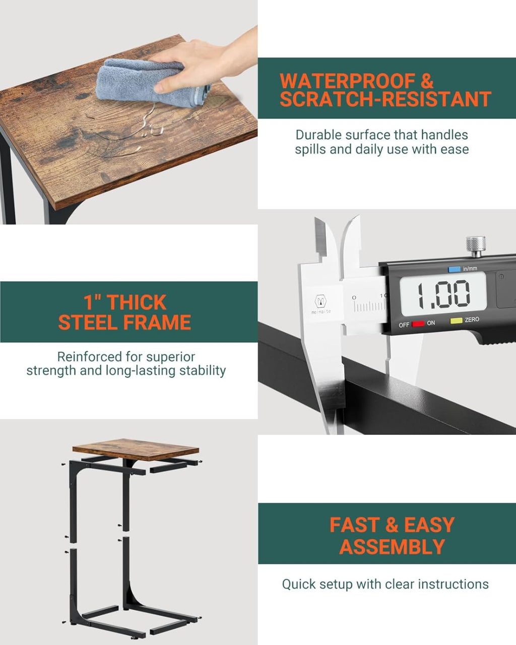 C-Shaped Side Table for Couch - Small Coffee Stand Sofa Tray Desk with Metal Frame and Waterproof Scratch Resistant, Modern End Accent for Living Room, Bedroom, Small Spaces, Rustic Brown