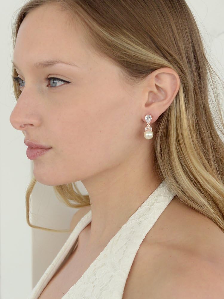 Mariell Pearl Drop Bridal Earrings with Cubic Zirconia Crystals and Ivory Pearls For Brides, Bridesmaids, Weddings, Jewelry Gift for Women