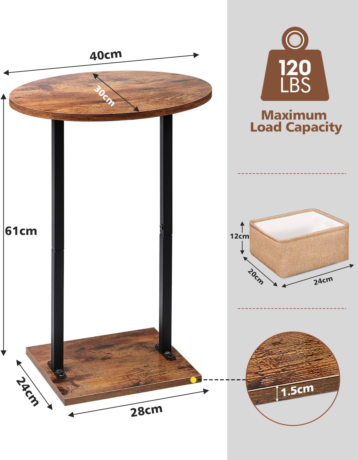 Eufrozy Small Side Table for Small Spaces, 24 inch Wooden Round End Table with Fabric Basket, Wood Accent Table for Couch Sofa Drink Sidetable Living Room Bedroom Rustic