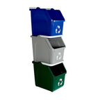 Multi Bin Recycling System with Three Stackable 6 Gallon Recycle Bins to Build Your Recycling Center for Offices, Kitchen, Garages, Businesses (3 Pack, Blue/Grey/Green)