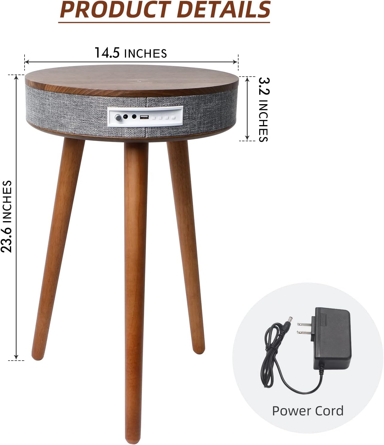 TooCust Smart End Table with Bluetooth Speaker, Smart Coffee Table with Wireless Charger, Smart Table with USB Charging Ports, Round Side Table for Bedroom, Living Room, Office