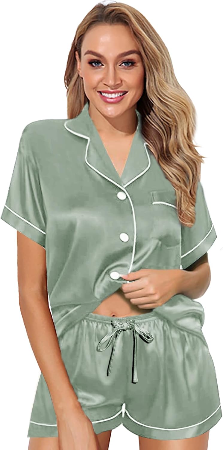 Womens Pajama Sets XS-4XL Silk Satin Pajamas Set Floral 2Pcs Pj Sets Button Down Pjs Set Sleepwear Loungewear