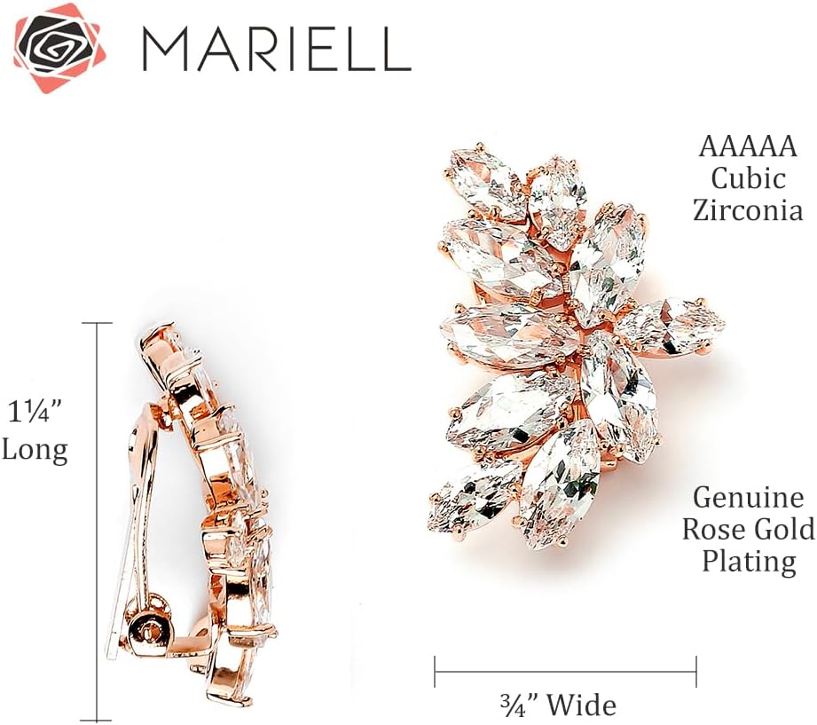 Mariell Rose Gold Clip-On Cubic Zirconia Crystal Bridal Earrings, Marquis Shape CZ Curved Clusters, Non-Pierced Earrings for Wedding, Bridesmaids, Homecoming, Mother of the Bride