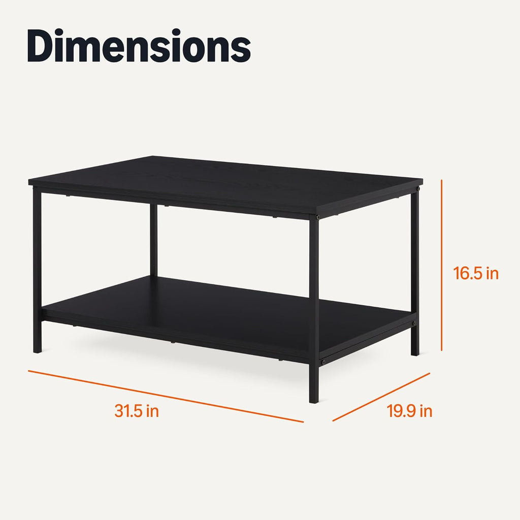 Amazon Basics Rectangular Coffee Table with Bottom Shelf, Living Room Centre Table, Wooden Black, 19.9" D x 31.5" W x 16.5" H
