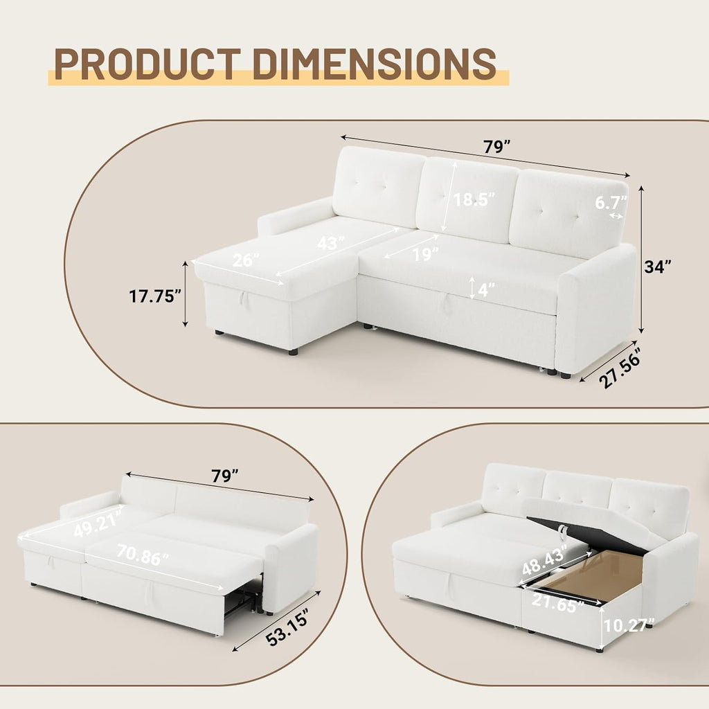 IULULU Sleeper Sofa, L Shaped Boucle Sectional Couch with Pullout Bed, Reversible Storage Chaise, 2 in 1 Pull Out Couches for Living Room, Apartment, Off White