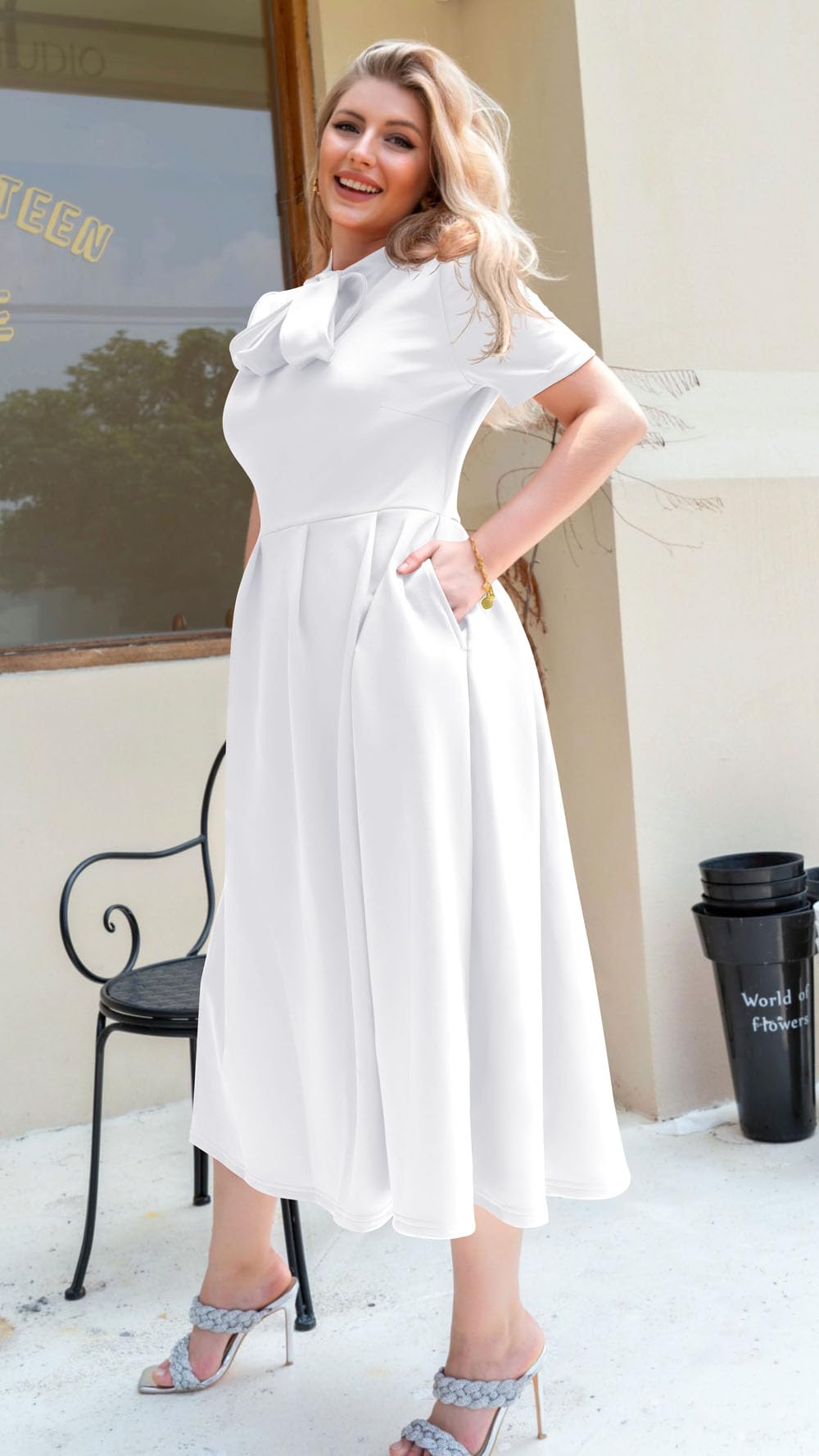 Memoriesea Women's Elegant Casual Short Sleeve Work Party A-Line Dress with Pockets White