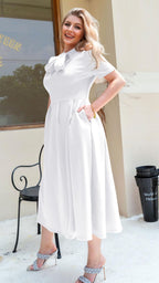 Memoriesea Women's Elegant Casual Short Sleeve Work Party A-Line Dress with Pockets White