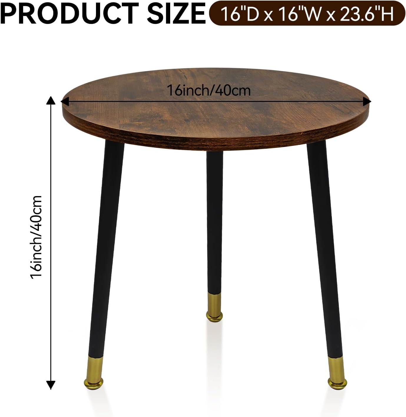 Round Side Table for Small Spaces-16inch Brown Wood Top & Black Metal Tri-Leg Accent Table, Rustic Modern Nightstand End Table for Bedroom, Living Room, Balcony - Easy Assembly Farmhouse Decor