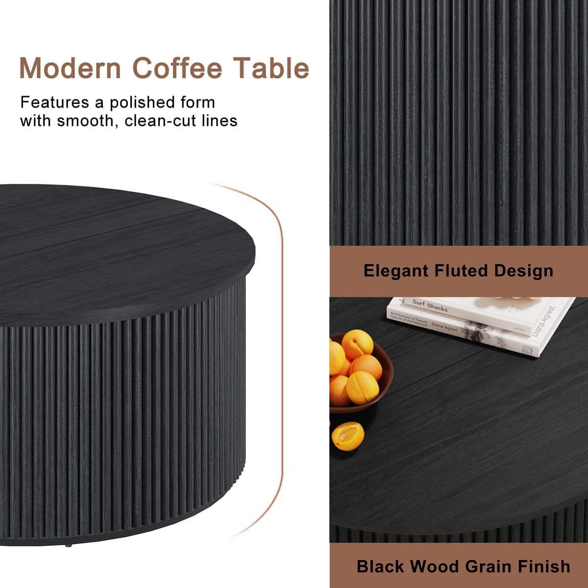FATORRI Round Coffee Table with Storage, 31.5 Inch Modern Fluted Center Table, Woodern Accent Coffee Tables for Living Room, Black
