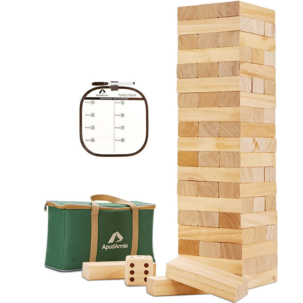 ApudArmis 60 PCS Giant Tumble Tower, (Stack up to 5Ft) Pine Wooden Stacking Timber Game with 1 Dice Set - Classic Block Giant Outdoor Game for Teens Adults Family